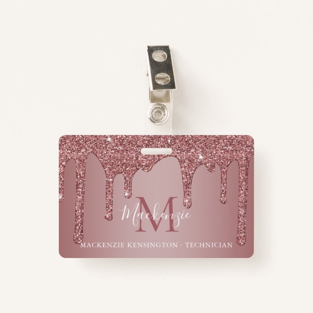 Luxus Rose Gold Dripping Glitzer Monogram Foto Ausweis (Vorderseite mit Klammer)