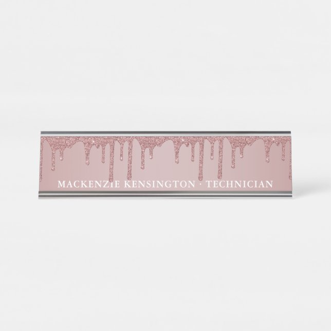 Luxus Rose Gold Dripping Glitzer Schreibtischnamensplakette (Vorderseite )
