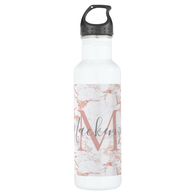 Luxus Rose Gold Foil Marmor Monogramm Edelstahlflasche (Vorderseite)