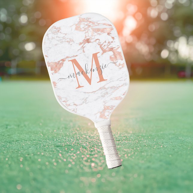 Luxus Rose Gold Foil Marmor Monogramm Pickleball Schläger (Luxury Rose Gold Foil Marble Monogram Pickleball Paddle)