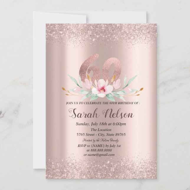 Luxus Rose Gold Glitzer Aquarell Blume Einladung (Vorderseite)