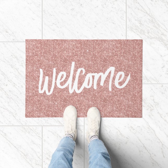 Luxus Rose Gold Glitzer Pinselschrift Willkommen Fußmatte (Indoor)