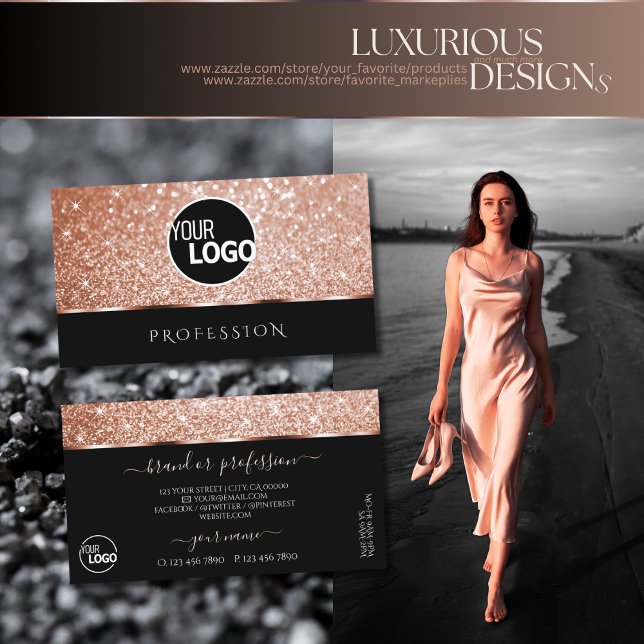Luxus Rose Gold Glitzer Stars Chic Black and Logo Visitenkarte (Von Creator hochgeladen)