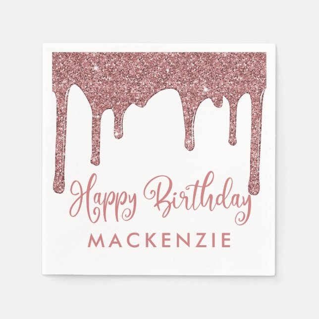 Luxus Rose Gold Glitzer Tropfen Geburtstag Serviette (Vorderseite)