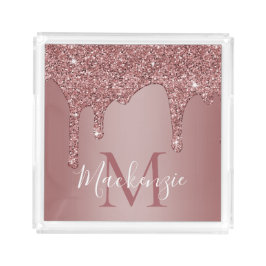 Luxus Rose Gold Glitzer Tropfen Monogram Acryl Tablett