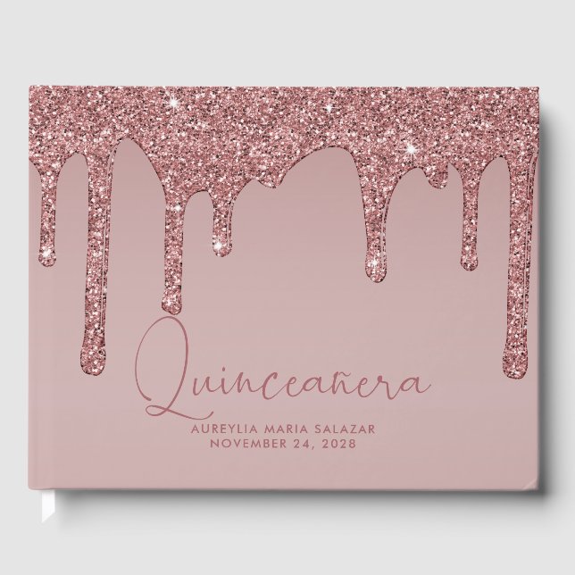 Luxus Rose Gold Glitzer Tropfen Quinceanera Gästebuch (Vorderseite)
