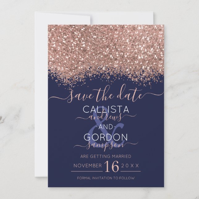 Luxus Rose Gold Navy Glitzer Confetti Wedding Save The Date (Vorderseite)
