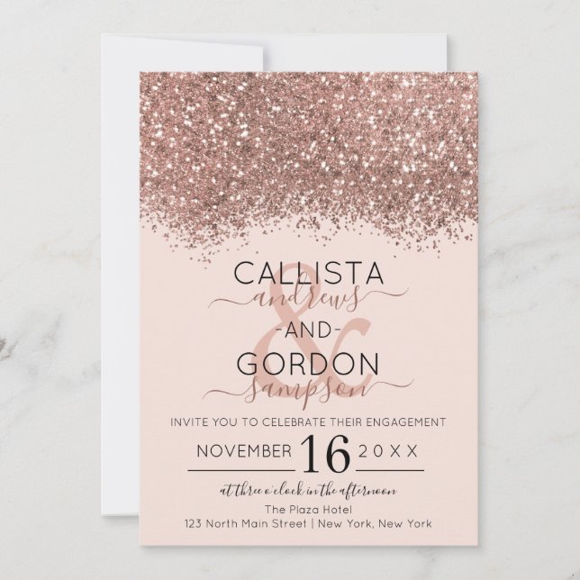 Luxus Rose Gold Pink Glitzer Confetti Verlobung Einladung (Vorderseite)