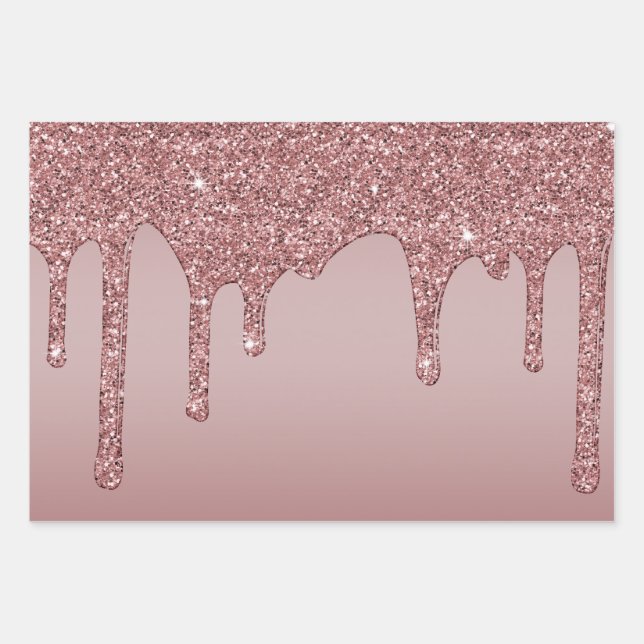 Luxus Rose Gold Sparkle Glam Glitzer Tropfen Geschenkpapier Set (Vorderseite)