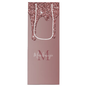 Luxus Rose Gold Sparkle Glitzer Tropfen Monogramm Geschenktüte Für Weinflaschen