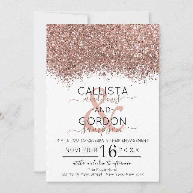 Luxus Rose Gold Weißer Glitzer Confetti Verlobung Einladung (Vorderseite)