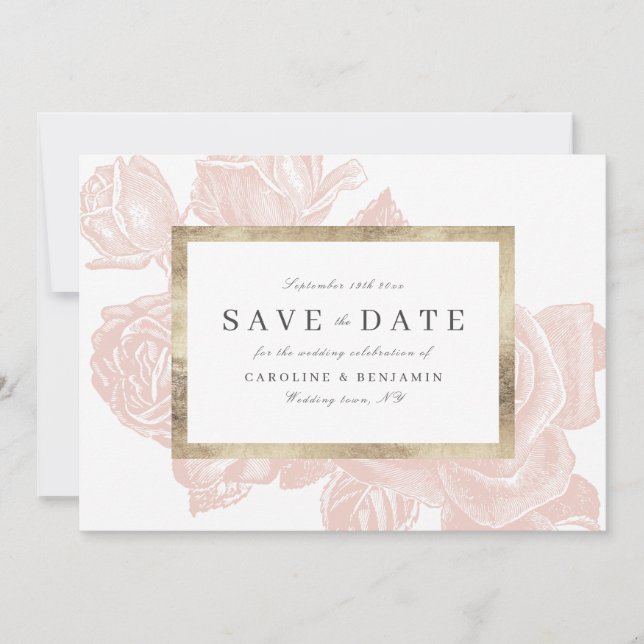 Luxus-Rose-Goldbarren Save the Date Vintag (Vorderseite)