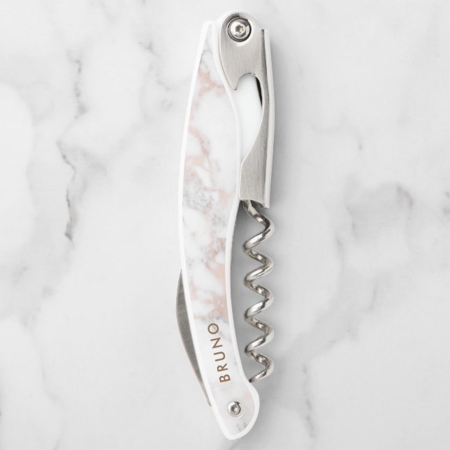 Luxus-Roségold-Marmor-Monogramm Kellnermesser (Rückseite)