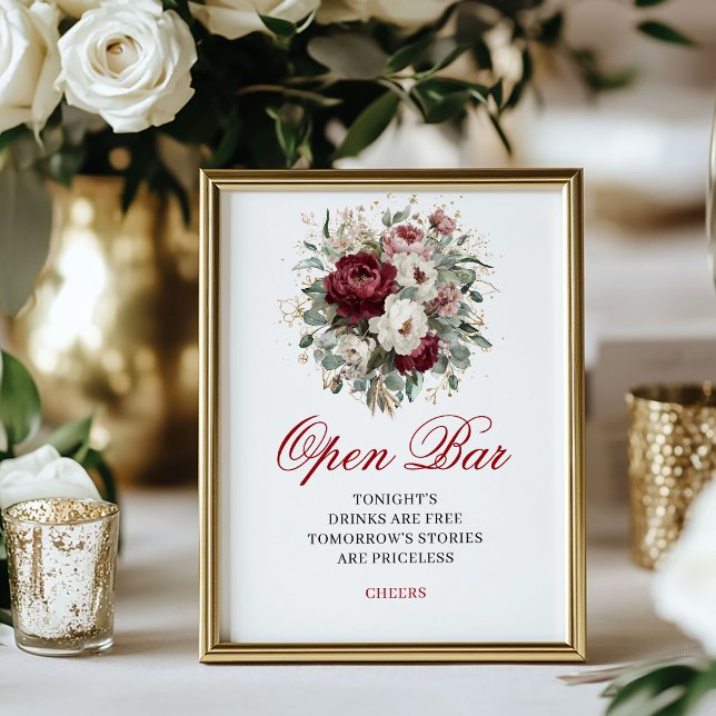 Luxus-Rouge-Burgunder-Open-Bar-Tischschild Poster (Luxe Blush Burgundy Open Bar Tabletop Sign)