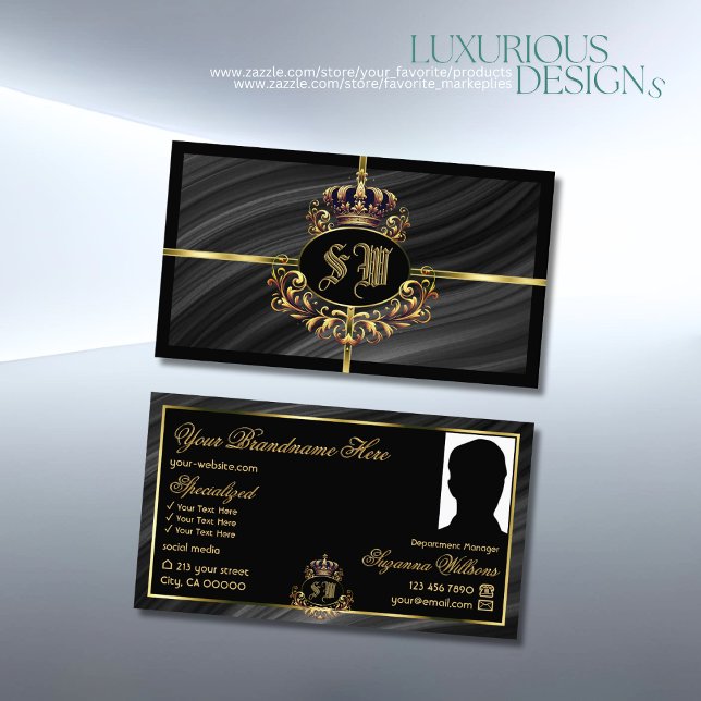Luxus Royal Black Gold Crown mit Monogram Foto Visitenkarte (Von Creator hochgeladen)