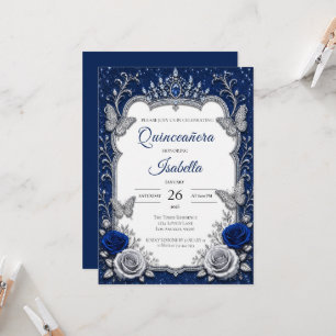 Luxus Royal Blau Silber Quinceañera Einladung