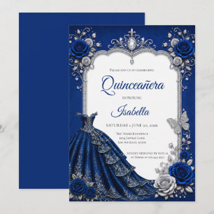 Luxus Royal Blau Silber Quinceañera Einladung