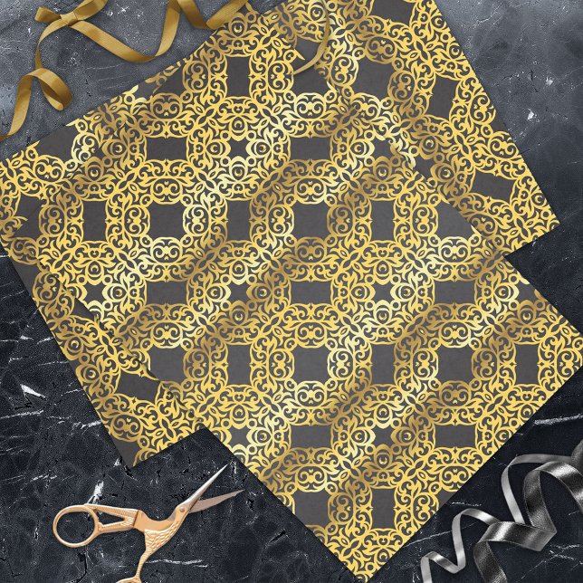 Luxus Royal Oriental Gold Damask Muster auf schwar Seidenpapier (Von Creator hochgeladen)