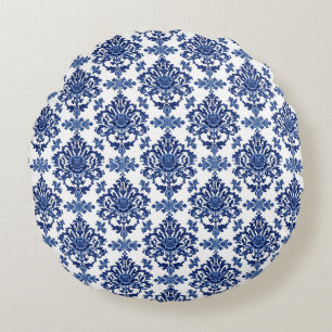Luxus-Royalblau-weißer Barock-Blumenmuster Rundes Kissen