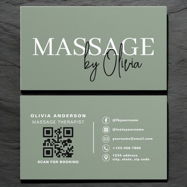 Luxus-Salbei-Grün-Massagetherapeut QR-Code  Visitenkarte (Von Creator hochgeladen)