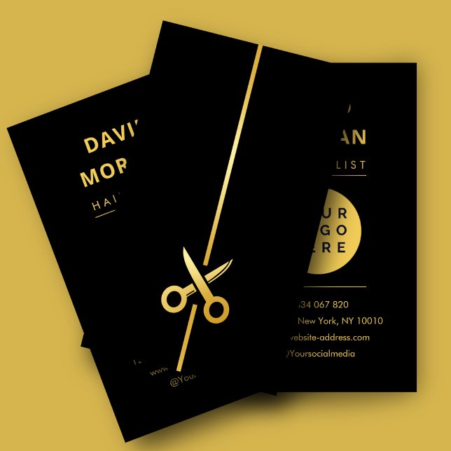 Luxus-Schere-Logo für Friseure in Schwarz und Gold Visitenkarte (Von Creator hochgeladen)