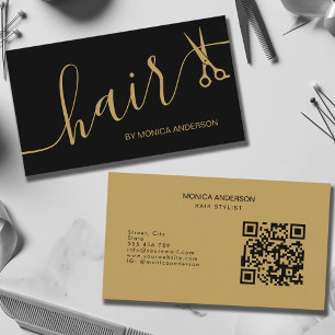 Luxus-Schere mit schwarzem Gold-Haar-Schriftzug un Visitenkarte