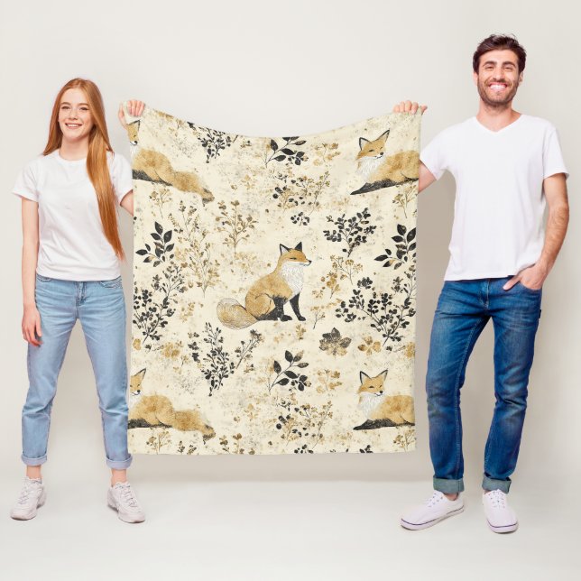 Luxus-Schwarz-Gold-Botanik-Fuchs-Kunst (2) Fleecedecke (Beispiel)