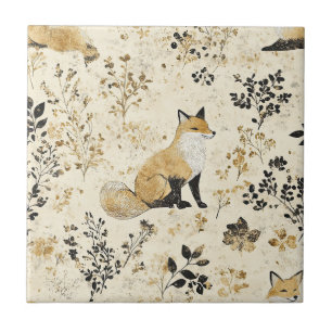 Luxus-Schwarz-Gold-Botanik-Fuchs-Kunst (2) Fliese