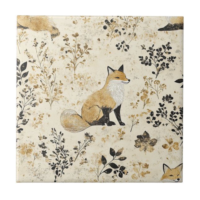 Luxus-Schwarz-Gold-Botanik-Fuchs-Kunst (2) Fliese (Vorderseite)