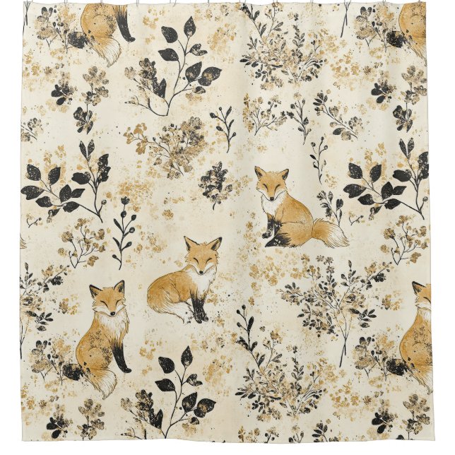 Luxus-Schwarz-Gold-Botanik-Fuchs-Kunst (3) Duschvorhang (Vorderseite)