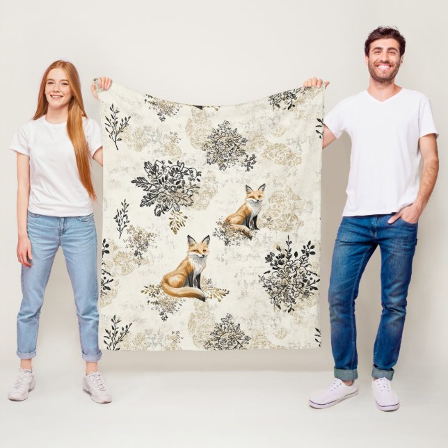 Luxus-Schwarz-Gold-Botanik-Fuchs-Kunst Fleecedecke (Beispiel)
