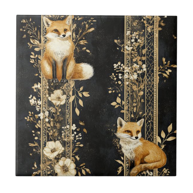Luxus-Schwarz-Gold-Botanik-Fuchs-Muster (2) Fliese (Vorderseite)