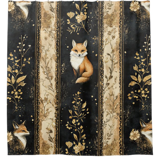 Luxus-Schwarz-Gold-Botanik-Fuchs-Muster Duschvorhang (Vorderseite)