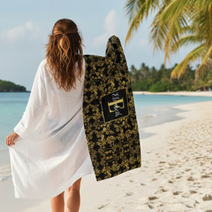 Luxus-Schwarz & Gold-Damaskus-Botanik-Personalisie Strandtuch