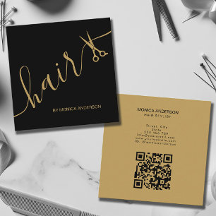 Luxus Schwarz Gold Haar Schrift Schere QR Code Quadratische Visitenkarte