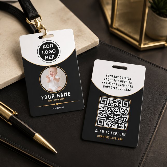 Luxus Schwarz Gold Moderne Immobilien QR-Code ID Ausweis (Luxury Black Gold Modern Real Estate QR Code ID Badge
)