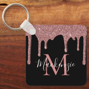 Luxus-Schwarz-Roségold-Glitter-Tropfen-Monogramm Schlüsselanhänger