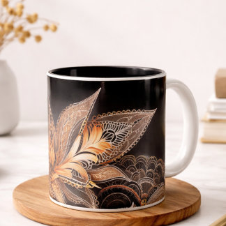 Luxus-Schwarz- und Gold-Federn Marmor-Kaffeetasse  Zweifarbige Tasse