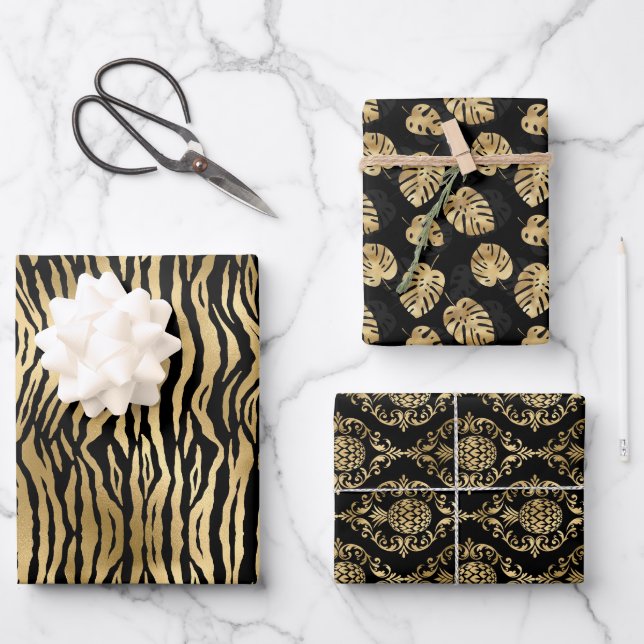 Luxus Schwarz und Gold Muster Exklusive Geschenke Geschenkpapier Set (Vorderseite)