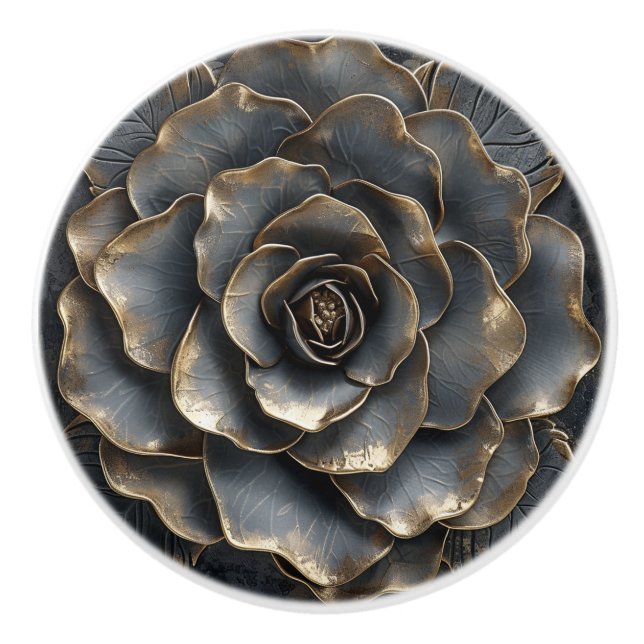 Luxus Schwarz und Gold Rose Keramikknauf (Vorderseite)
