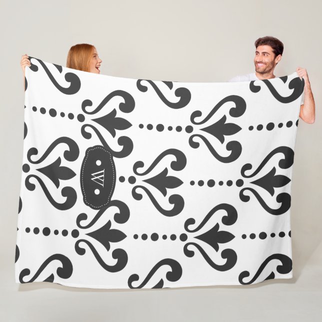 Luxus Schwarz-Weiß-Monogramm-Damast Fleecedecke (Beispiel)
