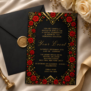 Luxus-Schwarze-Gold-Rote Rose Einladung