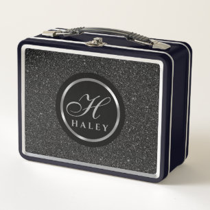 Luxus-Schwarze-Sparkles-Glitter-Monogramm Anfangsb Metall Brotdose