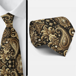 Luxus-Schwarze-Weiße-Gold-Paisley-Diamant-Halskraw Krawatte