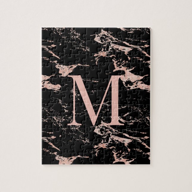 Luxus Schwarzer Marmor Rose Gold Foil Monogramm (Vertikal)