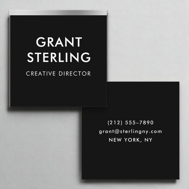 Luxus Schwarzer Silberstreifen Minimal Typografie Quadratische Visitenkarte (Von Creator hochgeladen)