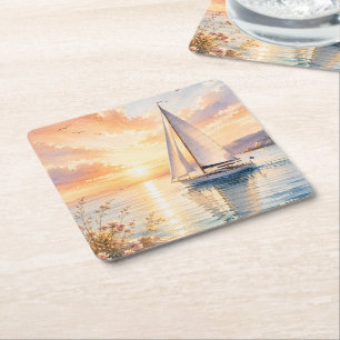 Luxus-Segelboot bei Sonnenaufgang Aquarell  Rechteckiger Pappuntersetzer