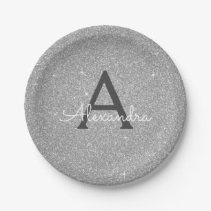 Luxus Silber Glitter & Glanz Monogramm Geburtstag Pappteller