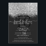 Luxus Silver Black Glitzer Confetti Sweet 16 Einladung<br><div class="desc">Das elegante, glamouröse und moderne 16 . Geburtstag Geburtstagsfest lädt zum zeitgenössischen und stilvollen Teenager ein. Es verfügt über ein Imitat gedruckt silber funkelnd Glitzer Konfetti gesprenkelt Farbe Block auf einem einfachen schwarzen Hintergrund mit einer großen Zahl "16" in einem passenden rosa goldfarben Ton. Die Rückseite zeigt den gleichen Glitzer,...</div>
