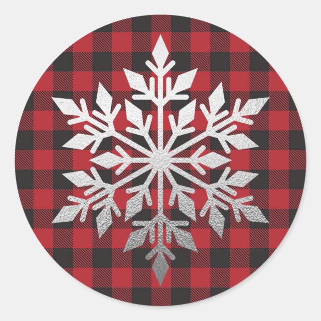 Luxus Silver Foil Snowflake Red Buffalo Kariert Runder Aufkleber (Vorderseite)